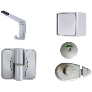 The Metlam Advantage Moda ANMB Kit, featuring five silver metal door hardware pieces—a hook, hinge, switch, and two locks—is displayed on a white background.