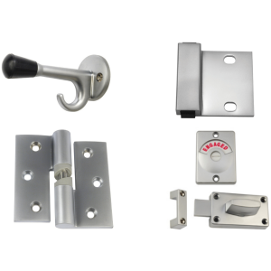 The Metlam Essential Non-Concealed SCP Kit includes four metal washroom door accessories: a coat hook, a hinge, a sliding bolt lock with engaged indicator, and a rectangular door latch, all shown on a white background.